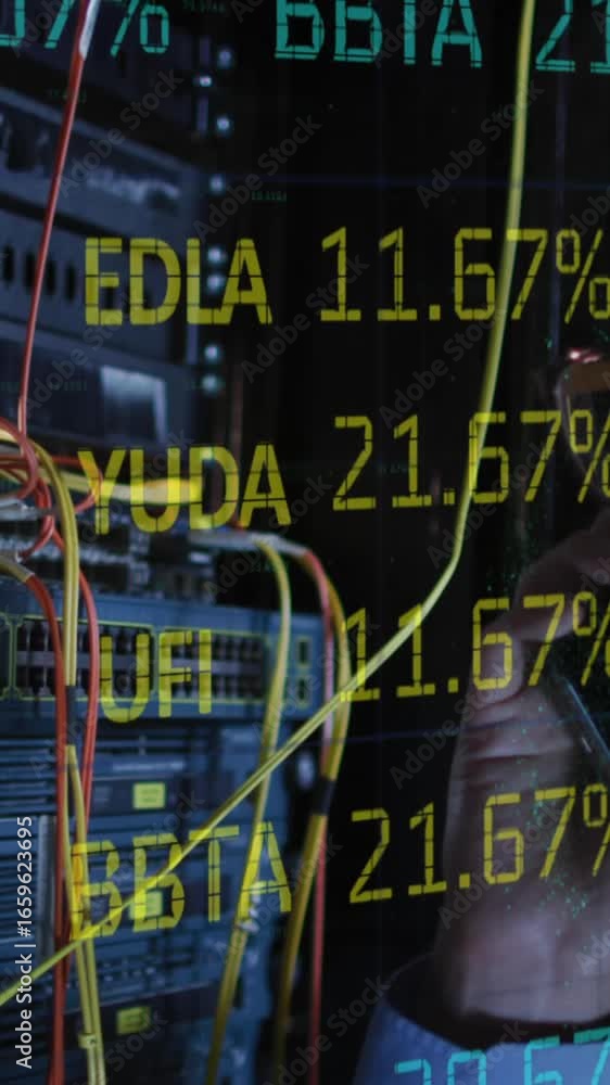 Poster animation of data processing over asian male it engineer with smartphone by computer server