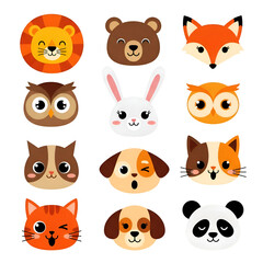 Fototapeta premium Cute Animal Faces on Transparent Background