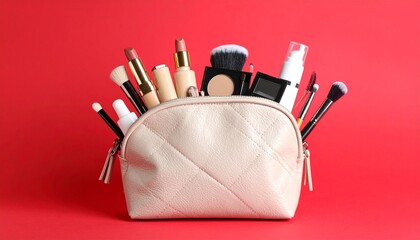 A beige makeup bag filled with various cosmetic brushes and beauty tools, set against a vibrant red background,