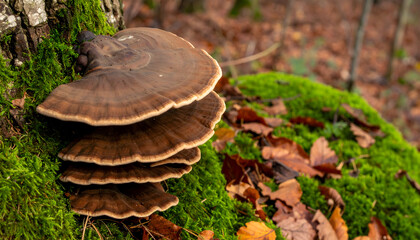 Mushroom with mossy tree trunk in forest ecosystem close up detail