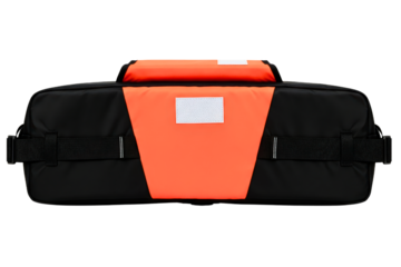 High-visibility orange and black waist pack for safety equipment isolated on a transparent background