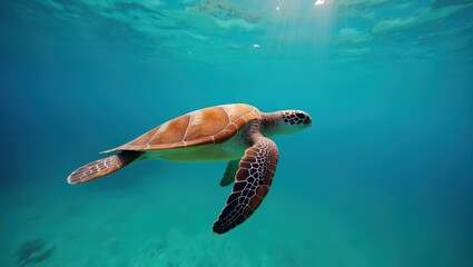 Fototapeta premium A serene sea turtle gracefully glides through vibrant turquoise water, showcasing its intricate shell patterns.