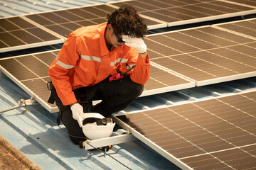 Hot tired Dizziness, fainting worker working outdoor roof over heat summer sun burning dehydration