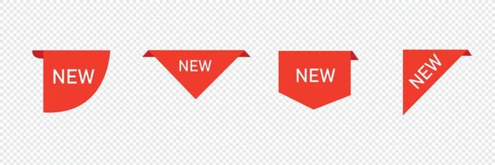 New tag stickers, shopping labels icon, New arrival stickers and labels flat icon kit. Isolated red retail ribbons for promotion vector illustration collection. Discount and price. Vector illustration