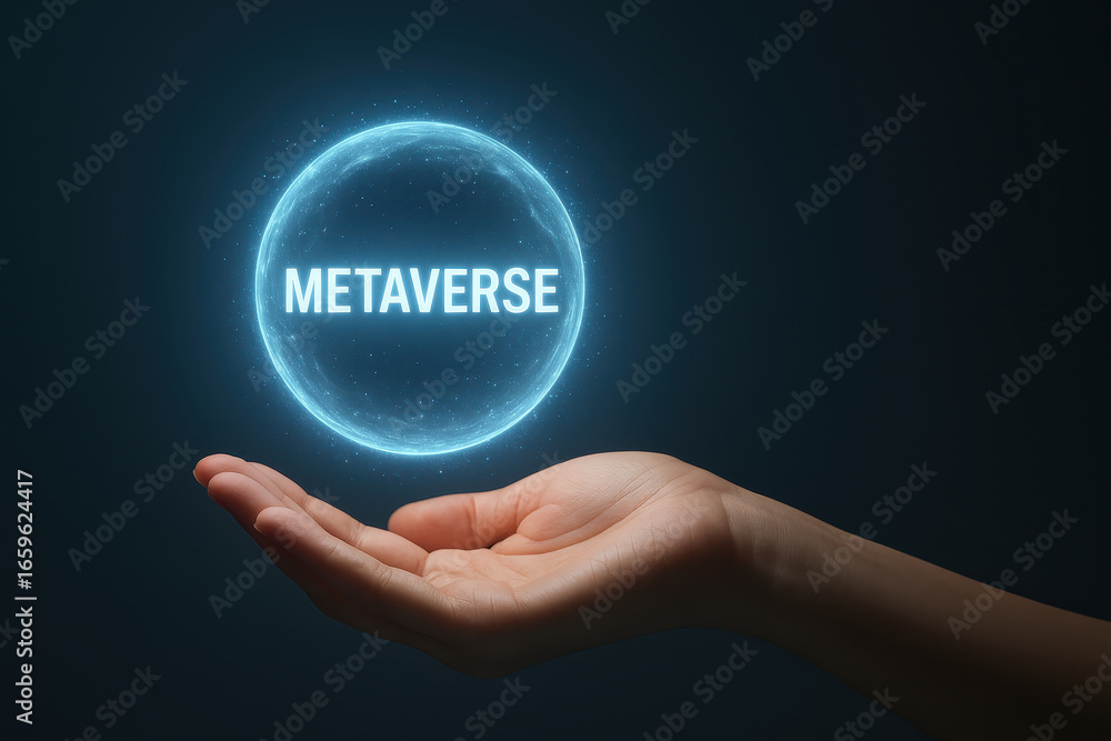 Poster metaverse concept with digital technology and artificial intelligence glowing sphere above hand symb