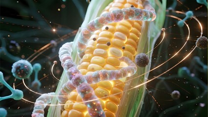 Genetically Modified Corn with DNA Strand Overlay