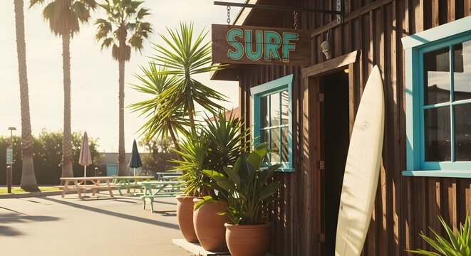 A rustic wooden surf shop entrance with a surfboard, potted plants, and palm trees under a sunny sky.