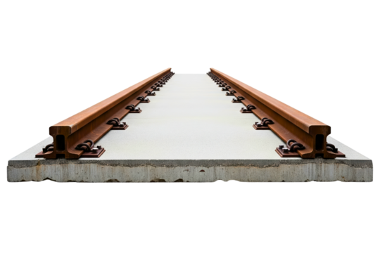 Section of a railway track with rusty rails on a concrete tie isolated on a transparent background