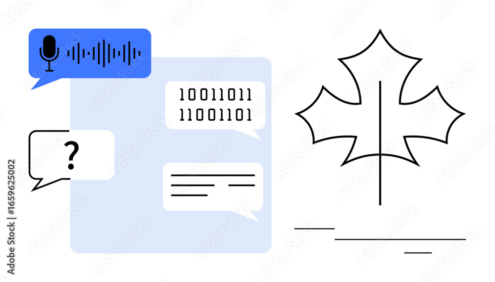Aufkleber speech bubble with sound wave, binary code, text, and question icons paired with a minimal maple lea