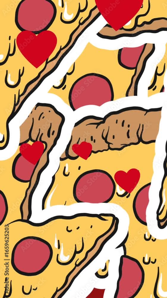 Poster multiple red heart icons floating against multiple pizza slice icons on red background