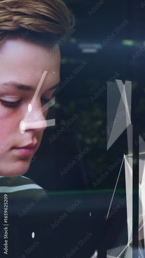 Poster animation of lights over group of diverse teenager students using computers