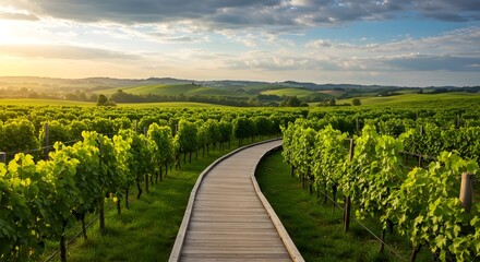 Obraz premium Beautiful Vineyards Stretch Towards the Horizon Under a Cloudy Sky