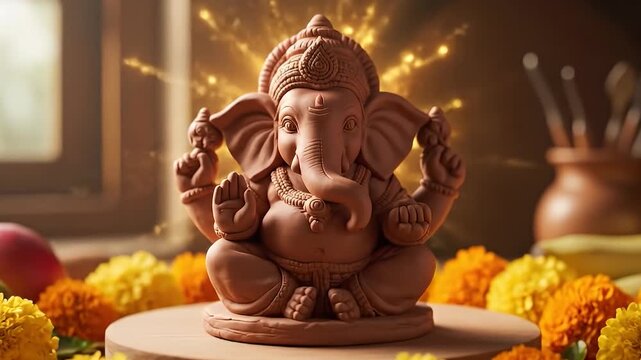 Lord Ganesha Clay idol during Vinayaka Chaturthi puja time, Ganesh Chaturthi celebrations