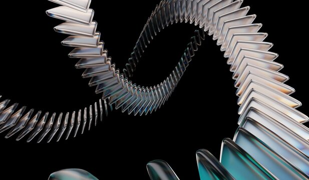 Abstract black 3D background, closeup of connected crystal rings with neon green white light texture, and glass dispersion holographic. Futuristic digital tech background. 3D illustration