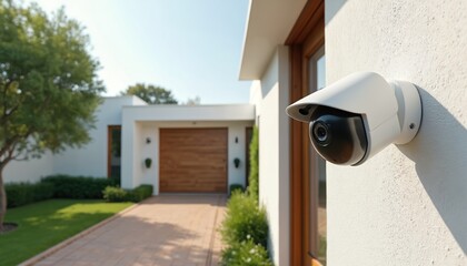 Smart security camera monitors modern home entrance for safety, protection. Contemporary white house exterior with green lawn on bright sunny day. Home automation system, innovative surveillance