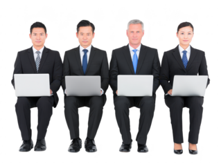 Business team in formal suit sitting with laptop, professional group portrait, diverse ethnicity, confident and focused, isolated on transparency background, teamwork and leadership concept