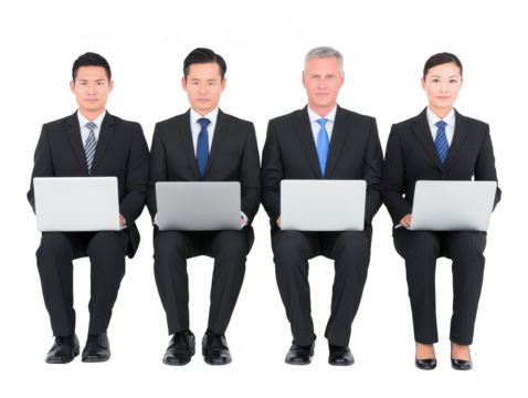 Business team in formal suit sitting with laptop, professional group portrait, diverse ethnicity, confident and focused, isolated on transparency background, teamwork and leadership concept