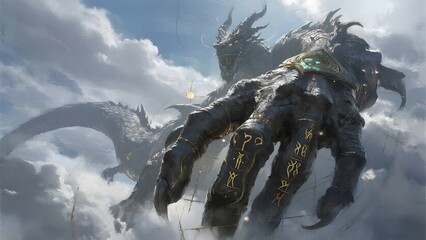 Majestic Dragon Emerging from Clouds with Symbolic Claw