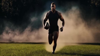 Dynamic rugby player sprinting through dusty field in intense motion - Powered by Adobe