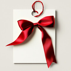 Red satin bow on a white gift tag with red string red ribbon white tag