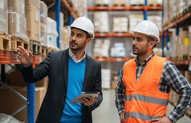 A supervisor gives important directions to staff in warehouse.