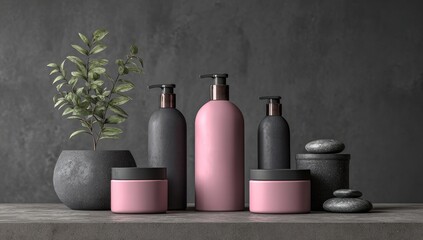 Pink & Black Cosmetic Bottles on Gray Counter with Plant