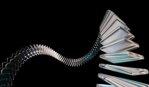 Glass dispersion holographic with futuristic digital tech background and abstract black 3D background, closeup of connected crystal rings with neon green white light texture. 3D illustration