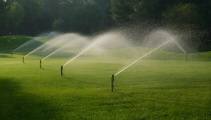 golf course landscape with irrigation sprinklers spraying water across neatly mowed fairway grass