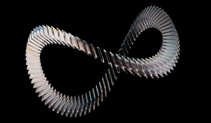 3D illustration showing closeup of connected crystal rings with neon green white light texture, abstract black 3D background, and glass dispersion holographic. Futuristic digital tech background