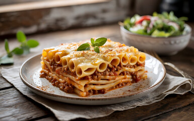 A photograph of a warm and comforting plate of "Pastitsio" centered on a rustic wooden table. The baked pasta casserole features layers of tubular pasta, a rich minced meat sauce, and a creamy bechame