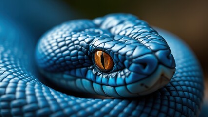 Fototapeta premium Close up of a coiled blue snake with an orange eye looking directly at the camera in sharp focus