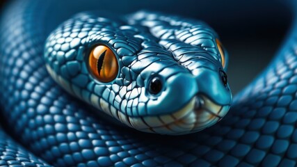 Fototapeta premium A close up of a blue snake with orange eyes coiled and ready to strike in the dark background space