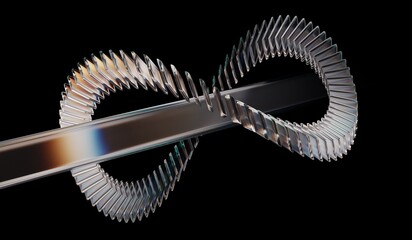 Futuristic digital tech background with neon green white light texture, closeup of connected crystal rings, glass dispersion holographic, and abstract black 3D background. 3D illustration