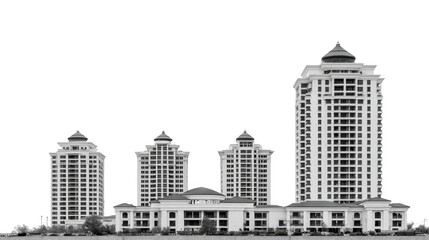 Modern high rise building luxury apartment residential tower cityscape urban skyline contemporary architecture white facade multiple floors elegant design peaceful atmosphere