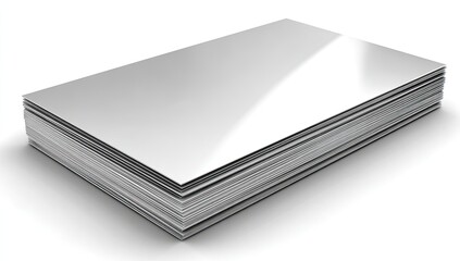 Stack of metallic sheets on white background