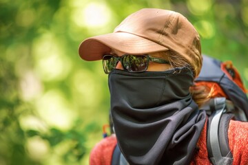 Female Hiker With Face Covering and Sunglasses in Sunlit Forest.