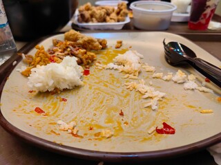 Leftover rice with chicken on the plate after dinner.