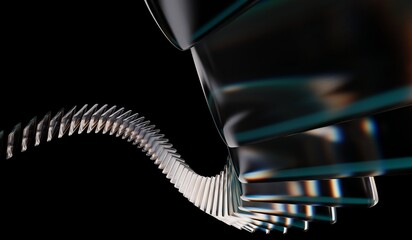 Futuristic digital tech background with neon green white light texture, closeup of connected crystal rings, glass dispersion holographic, and abstract black 3D background. 3D illustration
