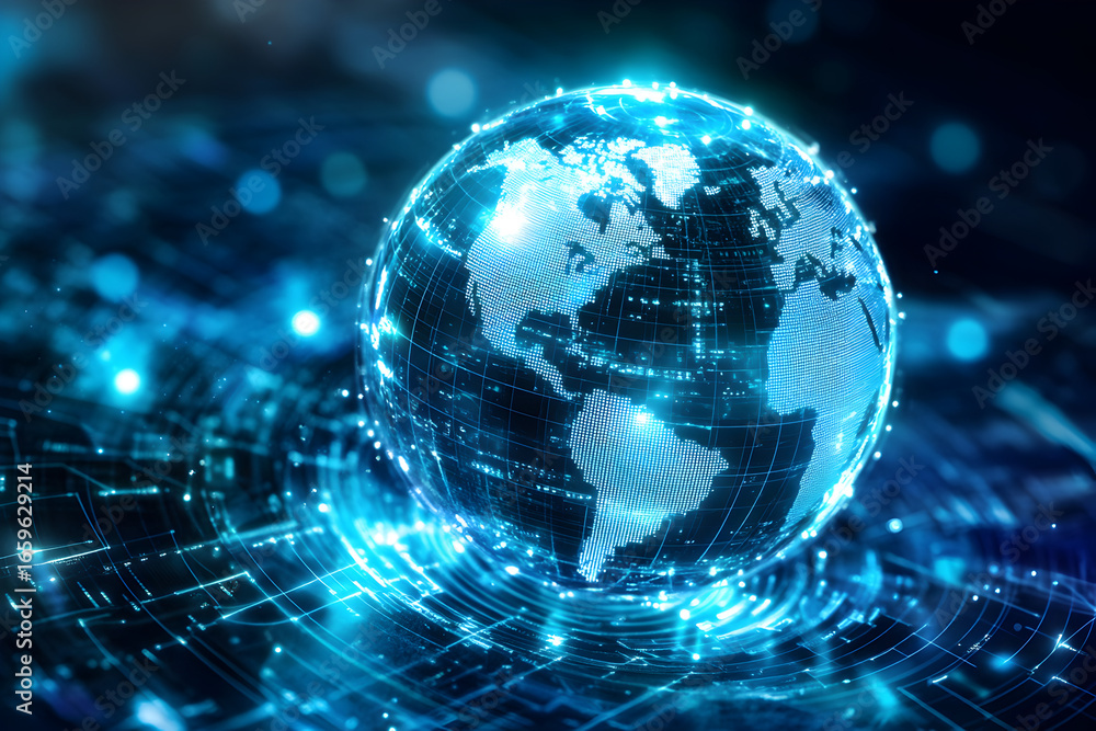 Poster digital earth globe with network lines and glowing points. global connection and communication techn