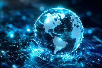 Obraz premium Digital earth globe with network lines and glowing points. Global connection and communication technology concept. Modern web internet data transfer.