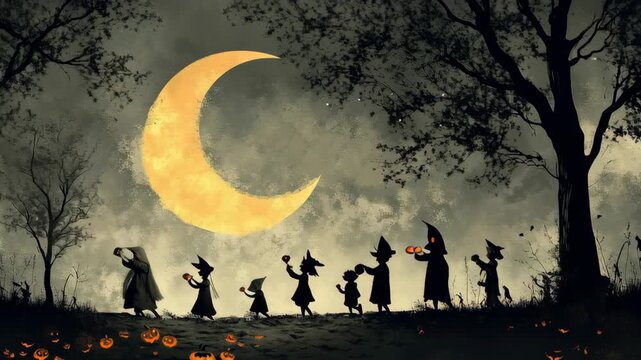 Enchanting moonlit parade: silhouetted figures journey through mystical autumn night