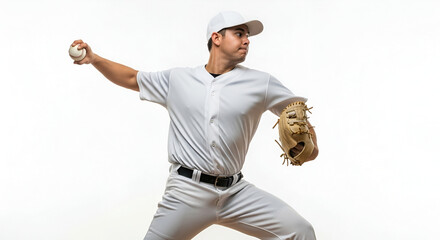 baseball pitcher in white uniform action on white background