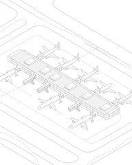 Airport Terminal with Planes and Jet Bridges in a Line Art Illustration for Transportation and Travel Themes