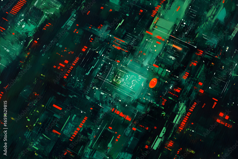 Aufkleber abstract digital city background with glowing red lights and green circuit pattern. concept of smart
