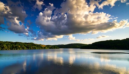 Serene lake landscape under dramatic clouds