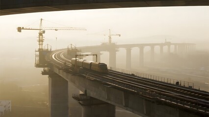 Train traversing an elevated railway bridge under construction with cranes in the background during a hazy day