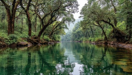 Tranquil river flows through lush forest
