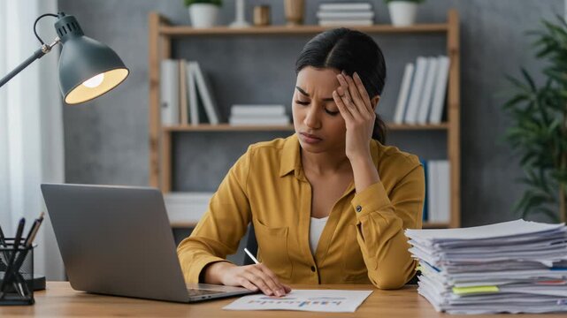 Young woman looking stressed and overwhelmed while working on her laptop at a desk with a large stack of papers