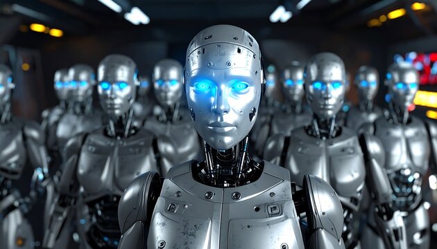 A line of futuristic robots in a spaceship