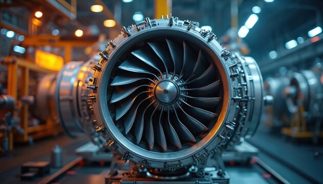 Close-up of aerospace jet engine turbine blades in assembly line. Robotic arm performs precise component installation on high-temperature testing rig.
